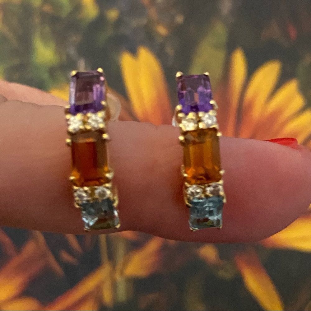 14k Multi Gemstone/Diamonds Earrings - Amethyst, … - image 4